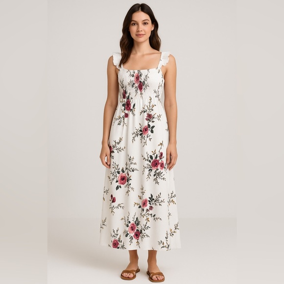unbranded Dresses & Skirts - White Floral Smocked Maxi Sundress Sleeveless Summer Dress Size S